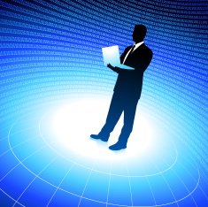 businessman holding laptop computer internet background with binary code
