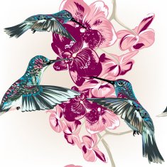 Floral seamless wallpaper pattern with hummingbirds and orchid f N2