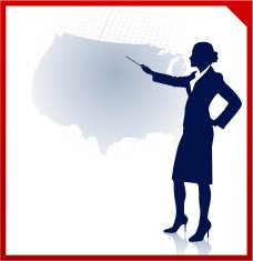 Young businesswoman pointing at usa map