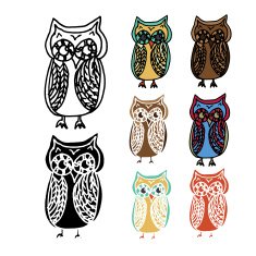 Cartoon Owl with Variations - Stencil silhouette and Colored Versions N2
