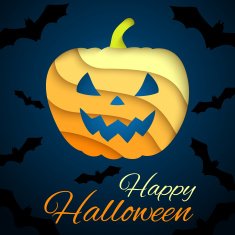 Happy Halloween card Paper pumpkin on dark background with bats