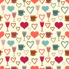 Seamless pattern with hearts tea cups glass