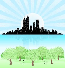 summer spring city Skyline and Park with shining sun pond