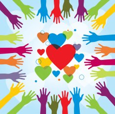 Silhouettes of human hands and icons hearts