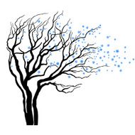 tree with leaves full of snowflakes in wind