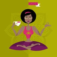 Beautiful black woman in yoga pose with a cup