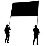 Black silhouettes of men carrying a banner