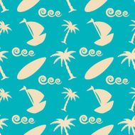 Seamless pattern with coconut palm trees yacht waves surfboard N2