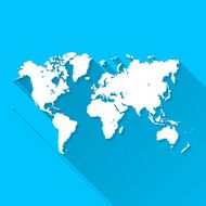 World Map on Blue Background Long Shadow Flat Design