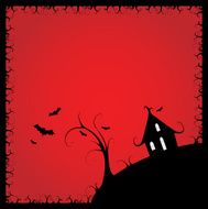 Scary house on the hill with bats flying around