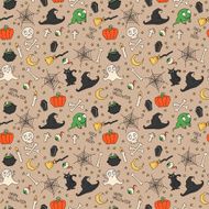 Happy Halloween Seamless pattern with pumpkins skulls cats ghosts N2