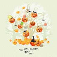 Halloween poster with trees pumpkins bats moon