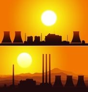 Silhouettes of a nuclear power plants at sunset