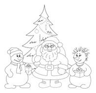Santa Claus Christmas tree and snowmans outline