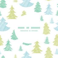 Green blue Christmas trees silhouettes textile round frame seamless pattern