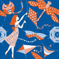Woman with a kites Seamless background pattern N2
