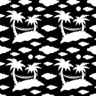 Seamless pattern with coconut palm trees hammock sun clouds N2