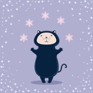 Christmas greeting with cat and snowflakes