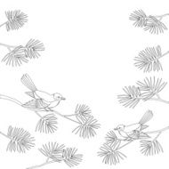 Titmouse on pine branch contour Vector N2