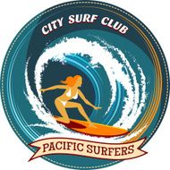 Surfing badge design with a girl surfing