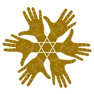 Six open hands abstract symbol with hexagonal star detailed