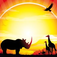 African Rhino Giraffes and Antelopes silhouettes safari in hot day N2