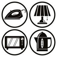 Household appliances icons set iron lamp microwave teapot