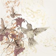 Floral music background with humming birds butterflies and notes