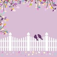White fence with birds and branches