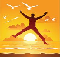 Celebrating Man Jumping High at Sunrise Beach with Seagulls