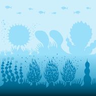 Coral reef with fish silhouette in blue sea vector