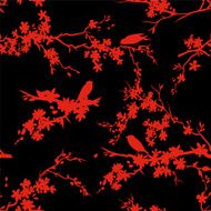 Sakura Cherry Blossoms And Birds Seamless Pattern Black Red