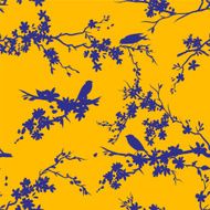 Sakura Cherry Blossoms And Birds Seamless Pattern Purple Yellow N2