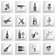 Wine Icon Set With Bottles Grapes And Glasses On Button