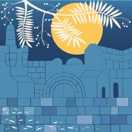 Old City Silhouette With Full Moon And Branch Of Acacia