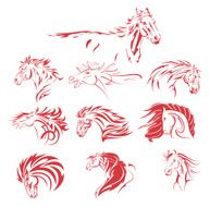 Hand Drawn Tribal Horse Set Red