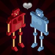 Male and female robot with metal heart