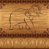 Seamless border with elephants and asian pattern on wooden background