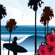 Surfer Walking in a Tropical Beach - Vector illustration