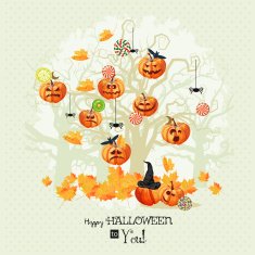 Halloween poster with trees pumpkins bats moon