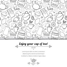 Tea and sweets black white vector background