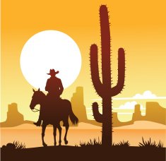 Cowboy Riding Through Desert With Cactus and Sunset