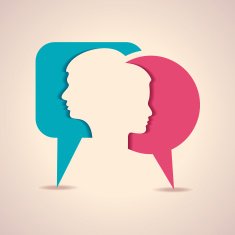 Male and female face with message bubble