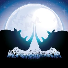 Two African Rhinos silhouettes safari against blue moon