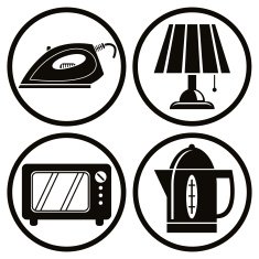 Household appliances icons set iron lamp microwave teapot