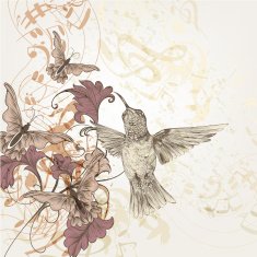 Floral music background with humming birds butterflies and notes