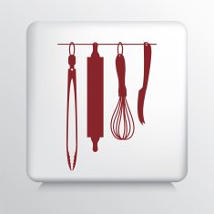 Square Icon with Red Hanging Kitchen Gadgets Silhouette