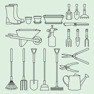 Linear illustration set of garden tools and accessories