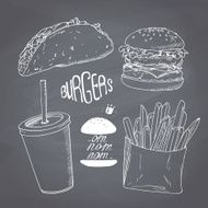 Sketched chalk style fast food set with burger french fries N2