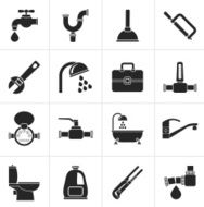 Black plumbing objects and tools icons N2